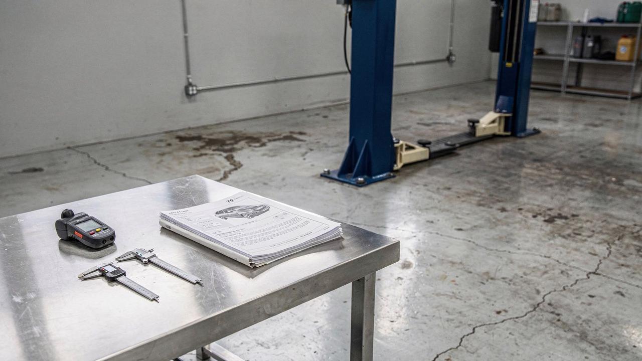 Inspection bench with a lift, a paint depth gauge and a paper service file laid out beside a car